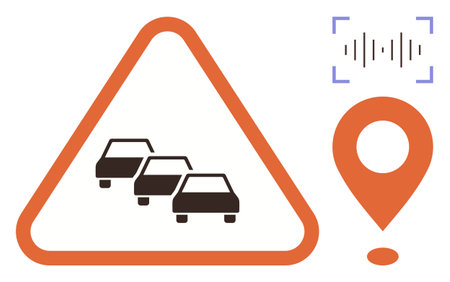 Three cars in a triangular warning sign symbolize a traffic jam. Accompanied by a GPS pin and sound wave icon, it suggests navigation and real-time alerts. Ideal for road safety, congestion updatesのイラスト素材