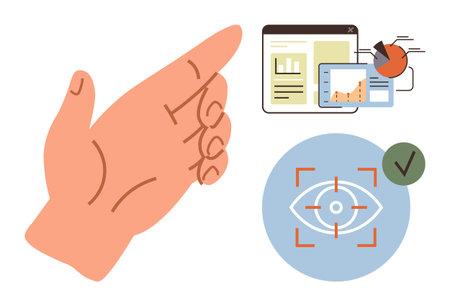 Hand gesture alongside data charts and an eye recognition icon with a checkmark. Ideal for technology, communication, interaction, biometrics, analytics, observation, verification. Simple flatのイラスト素材