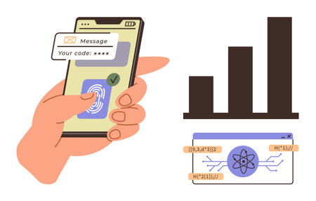 Hand holding smartphone with fingerprint scanner, verification code, bar graph, quantum computing icon. Ideal for cybersecurity, online authentication, data analysis, technology, privacy innovationのイラスト素材