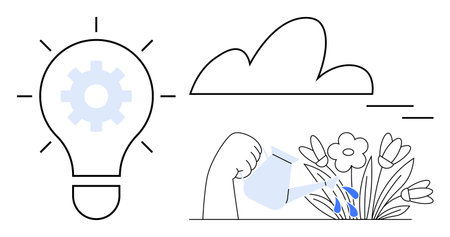 Light bulb with gear symbolizing innovation, cloud overhead, hand watering flowers representing growth and nurturing. Ideal for creativity, development, teamwork, learning, problem-solvingのイラスト素材