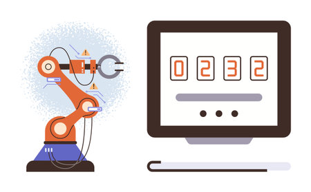 Robotic arm with functional grip linked to a computer screen displaying numeric programming. Ideal for technology, engineering, automation, manufacturing, innovation, robotics, artificialのイラスト素材