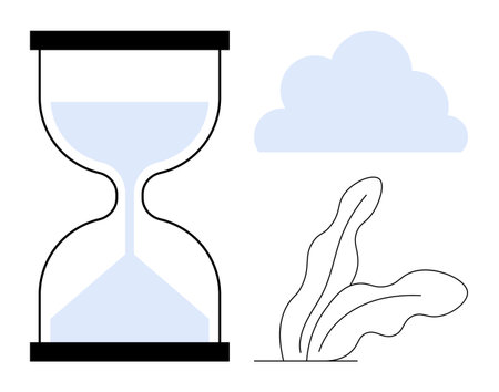Hourglass with flowing sand, abstract cloud, and organic plant outline suggesting time, cycles, and...