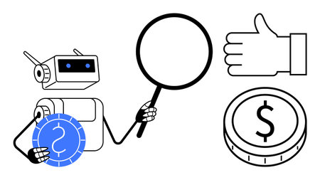 Robot holding a magnifying glass and a coin, next to a coin with a dollar sign and a thumbs-up icon. Ideal for AI analysis, finance, investment, technology, decision-making, approval processのイラスト素材