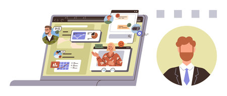 Remote meeting on laptop involving team avatars, charts, shared files, notifications, and video...