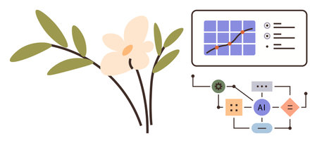 Delicate flower with leaves beside a data analysis chart and AI interface flowchart. Ideal for innovation, sustainability, AI application, technology, analytics, growth, connection. Simple flatのイラスト素材