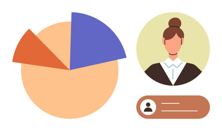 Pie chart with three segments in orange and purple, alongside a professional woman s profile image and information label. Ideal for data analysis, profile overview, business, statisticsのイラスト素材