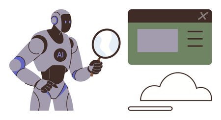 AI robot holding magnifying glass inspecting digital window, cloud interface below. Ideal for technology, artificial intelligence, cloud computing, data analysis, innovation, machine learning, simpleのイラスト素材