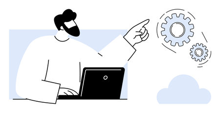 Male figure with laptop gesturing towards gears symbolizing collaboration, productivity, technology, and efficiency. Ideal for teamwork, innovation, automation, productivity, IT solutions strategicのイラスト素材