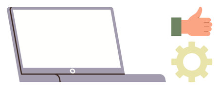 Open laptop with blank screen alongside a thumbs-up and gear icon. Ideal for themes of technology, approval, productivity, development, teamwork, optimization, success. Simple flat metaphorのイラスト素材