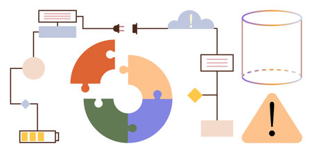 Diagram with circular puzzle, connected flowchart, battery symbol, warning sign, cloud, and database outline. Ideal for workflow, data processing, risk management problem-solving energyのイラスト素材