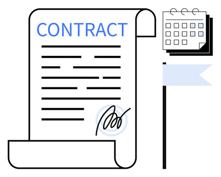 Scroll-style signed contract with highlighted text, adjacent calendar denoting dates, and a flag symbolizing achievement and agreement. Ideal for legal, business, commitment, organization, dealのイラスト素材
