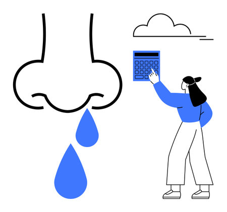 Woman wearing blue interacting with a calculator. Large nose with blue droplets, suggesting nasal issues. Ideal for health, allergy analysis, treatment concepts, medical research, awarenessのイラスト素材