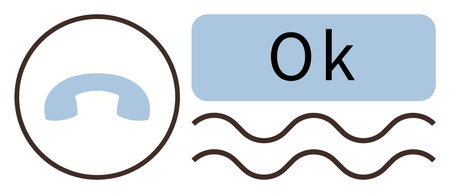 Blue phone receiver in a circle beside OK button over wavy lines. Ideal for communication, approval, signal, feedback, messaging, connection, interaction. Minimalist flat metaphorのイラスト素材