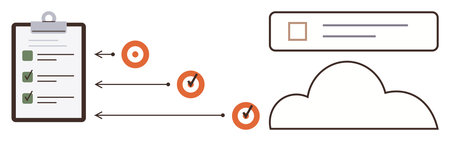 Checklist clipboard, orange checkmarks, lines to cloud storage, and document window. Ideal for productivity, organization, cloud computing, task monitoring, remote work goal tracking simple flatのイラスト素材