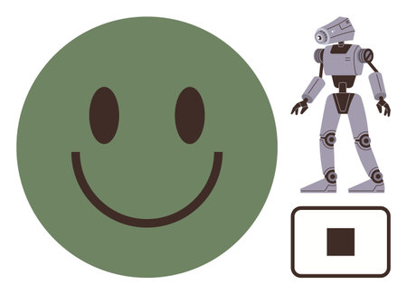 Green happy face, humanoid robot with mechanical details, and a square button. Ideal for technology, artificial intelligence, automation, human-machine interaction, robotics, simplicity futuristicのイラスト素材