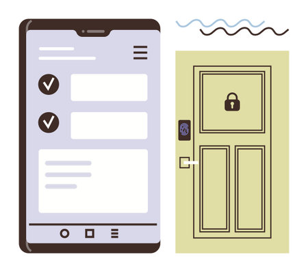 Smartphone displaying a secure access app with checklist beside a locked door featuring advanced digital security tech. Ideal for tech, security, access management, IoT, smart homes, apps, simpleのイラスト素材