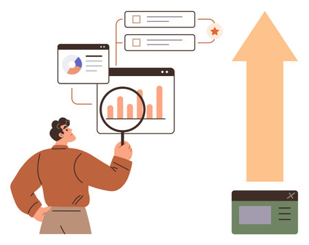 Man investigates analytics on digital dashboards and task lists with an upward arrow symbolizing progress. Ideal for business growth, strategy, productivity, data analysis, leadership, forecastingのイラスト素材