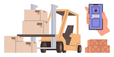 Forklift lifting stacked boxes, smartphone displaying lock icon, secure logistics, warehouse automation. Ideal for supply chain, technology, inventory, delivery, e-commerce security businessのイラスト素材