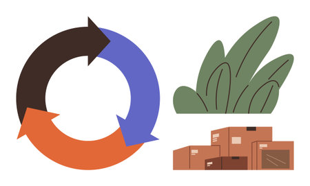 Rotating arrows representing recycling next to boxed packages and leafy plants. Ideal for sustainability, eco-friendly processes, shipping, packaging, waste management, environmental conservationのイラスト素材