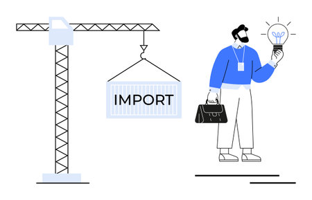 Crane lifting an import container while businessman holds a glowing light bulb, signifying innovation. Ideal for trade, logistics, business ideas, imports, construction, entrepreneurshipのイラスト素材