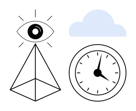 Eye atop outlined pyramid with rays, cloud floating nearby, and analog clock combining vision, strategy, time management, and clarity. Ideal for mindfulness, planning, innovation spiritualityのイラスト素材