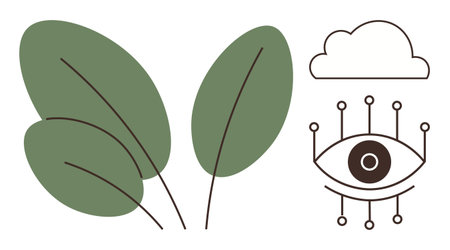 Green leaves, digital eye sensor, and cloud symbolizing nature, digital innovation, and vision. Ideal for sustainability, eco-tech, innovation, connection cloud computing environmental focusのイラスト素材