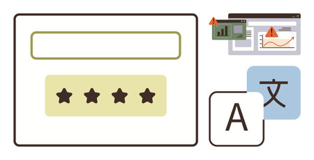 Star rating system, language translation icon, and alert over analytics graphs. Ideal for cybersecurity, multilingual tech, user feedback, analytics, data privacy, warnings simple flat metaphorのイラスト素材