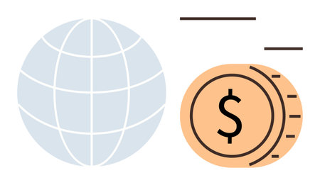 Globe with longitude-latitude lines and a dollar coin imply global commerce, financial systems, online transactions, or digital economy. Ideal for finance, e-commerce, globalization, trade, businessのイラスト素材