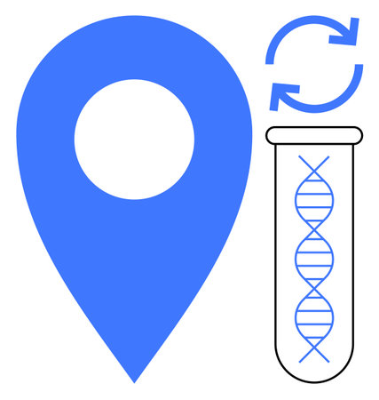 Blue location pin, DNA strand inside test tube, and circular arrow symbolizing updates. Ideal for genetics, science, research, innovation, location data, biotechnology and process improvementのイラスト素材