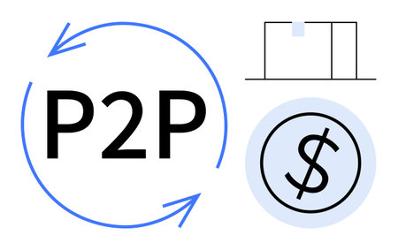 P2P acronym in circular arrows, dollar sign in blue circle, minimal package icon. Ideal for finance, money transfer, digital payments, trade, e-commerce logistics modern economy. Simple flatのイラスト素材