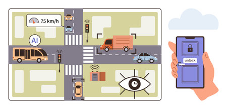 Automated traffic lights optimize flow AI tracks vehicles mobile device unlocks doors. Ideal for urban planning, technology, IoT, security, transportation, AI advancements, automated systems. Simpleのイラスト素材