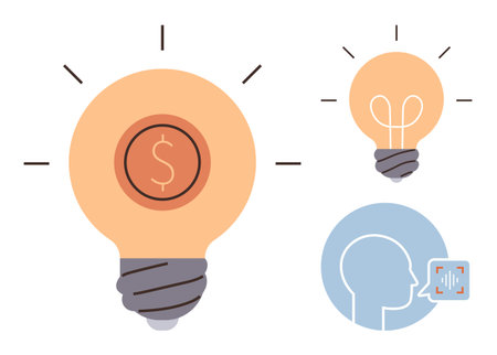 Light bulbs symbolizing creativity, money, and innovation paired with a human profile and speech tech element. Ideal for technology, innovation, finance, communication, business, artificialのイラスト素材