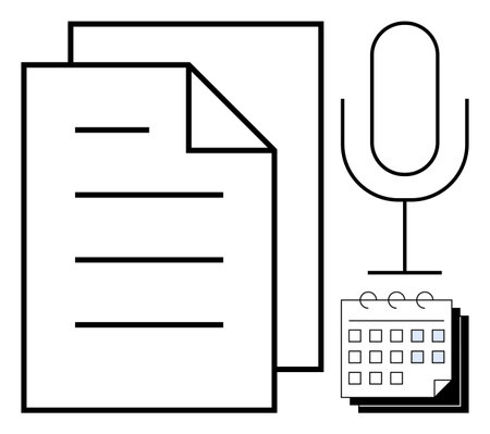 Paper sheets, microphone, and calendar highlight productivity tools. Ideal for planning, content creation, organization, time management, podcasting scheduling and efficiency. Minimalist flatのイラスト素材