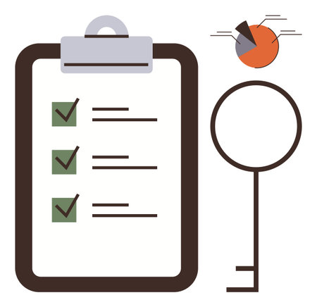 Clipboard with checklist, a key symbolizing solutions, pie chart for data analysis. Ideal for productivity, organization, business planning, problem-solving, research, decision-making goal trackingのイラスト素材