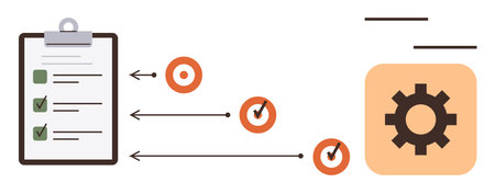 Checklist on clipboard, arrows to targets with checkmarks, linked to gear icon. Ideal for workflow, productivity, task management, automation, planning optimization process efficiency. Simple flatのイラスト素材