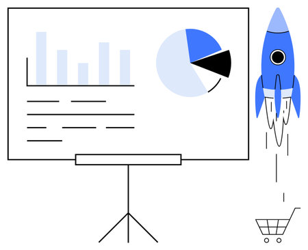 Rocket taking off from shopping cart near presentation board with bar chart and pie graph. Ideal for marketing strategy, growth, business planning, innovation, analytics, entrepreneurship, startupのイラスト素材
