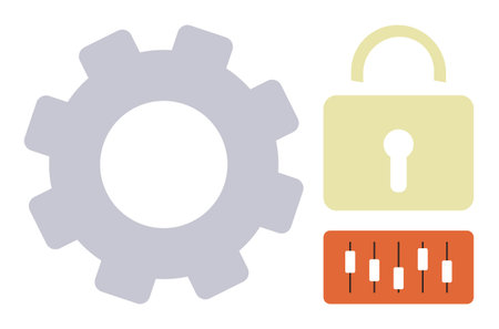 Gear, padlock, and control sliders portray security, system settings, and operational control. Ideal for system security, privacy, customization, optimization regulation access managementのイラスト素材