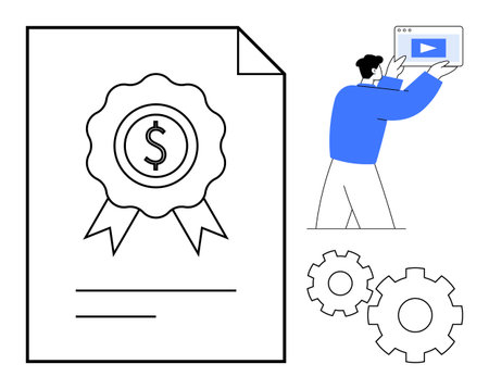 Financial certificate document featuring dollar symbol and ribbon, man holding digital screen, gears. Ideal for finance, education, training, e-learning, certification, achievement simple landingのイラスト素材