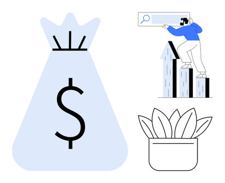 Oversized money bag with dollar sign, man reviewing growth charts, potted plant symbolizing growth. Ideal for finance, investment, business strategy, innovation, profitability, savings simple flatのイラスト素材