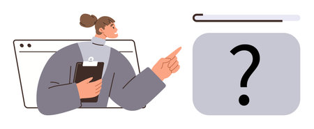 Woman holding clipboard pointing at large question mark beside progress bar, representing curiosity, problem-solving, and exploration. Ideal for concepts thumbs up research, inquiry, educationのイラスト素材