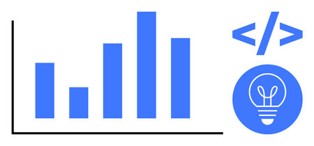 Blue bar chart next to coding brackets and lightbulb icon symbolizing analytics, innovation, coding. Ideal for creativity, problem-solving, growth, statistics, development, programming simpleのイラスト素材