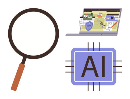 Magnifying glass, AI processor, laptop screen with antivirus analytics. Ideal for cybersecurity, AI, technology, research, innovation digital protection online safety themes. Simple flat metaphorのイラスト素材