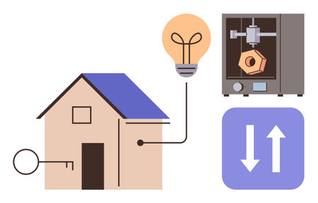 House with key and connection to energy light bulb, 3D printer creating object, and data exchange arrows. Ideal for home automation, IoT integration, innovation, energy efficiency, sustainableのイラスト素材