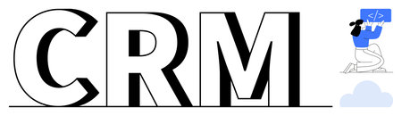 Large CRM letters in bold, developer writing code on screen, cloud icon. Ideal for customer management, development, SaaS, data systems, teamwork, innovation simple landing pageのイラスト素材