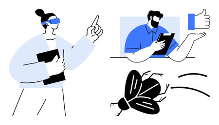 Person wearing VR headset gesturing, individual reviewing tablet, thumbs-up sign, and stylized bug graphic. Ideal for technology, innovation, feedback, creativity, futuristic design problem-solvingのイラスト素材