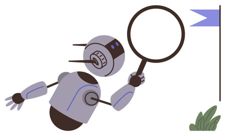 Robot holding magnifying glass observing goal flag, symbolizing search, discovery, innovation, automation, achievement, futuristic progress. Ideal for AI, research technology goalsのイラスト素材