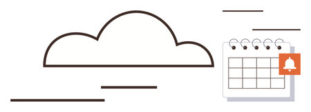 Cloud outline next to a calendar featuring a notification badge, representing synced schedules, data management, and timely reminders. Ideal for productivity, planning, teamwork, technologyのイラスト素材