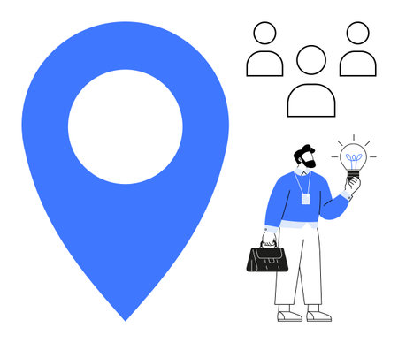 Large blue locator pin, businessman holding a glowing lightbulb and briefcase, and group people icons symbolizing teamwork, innovation, location and ideas. Ideal for navigation, collaborationのイラスト素材