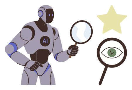 AI robot analyzing with magnifying glass, alongside abstract visuals of a star and an eye with a checkmark. Ideal for technology, AI, analysis, innovation, research, vision, validation simple flatのイラスト素材