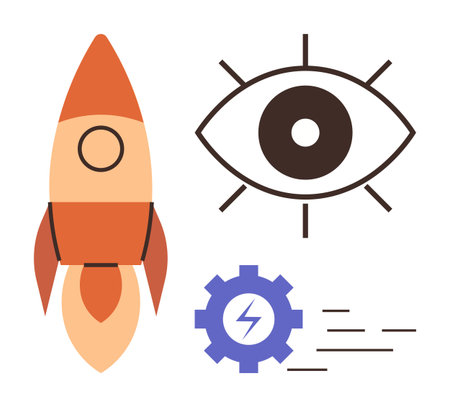 Rocket lifting off, eye symbolizing focus, gear with lightning for innovation and speed. Ideal for startup strategy, creativity, technology, productivity, growth vision innovation. Clean metaphorのイラスト素材